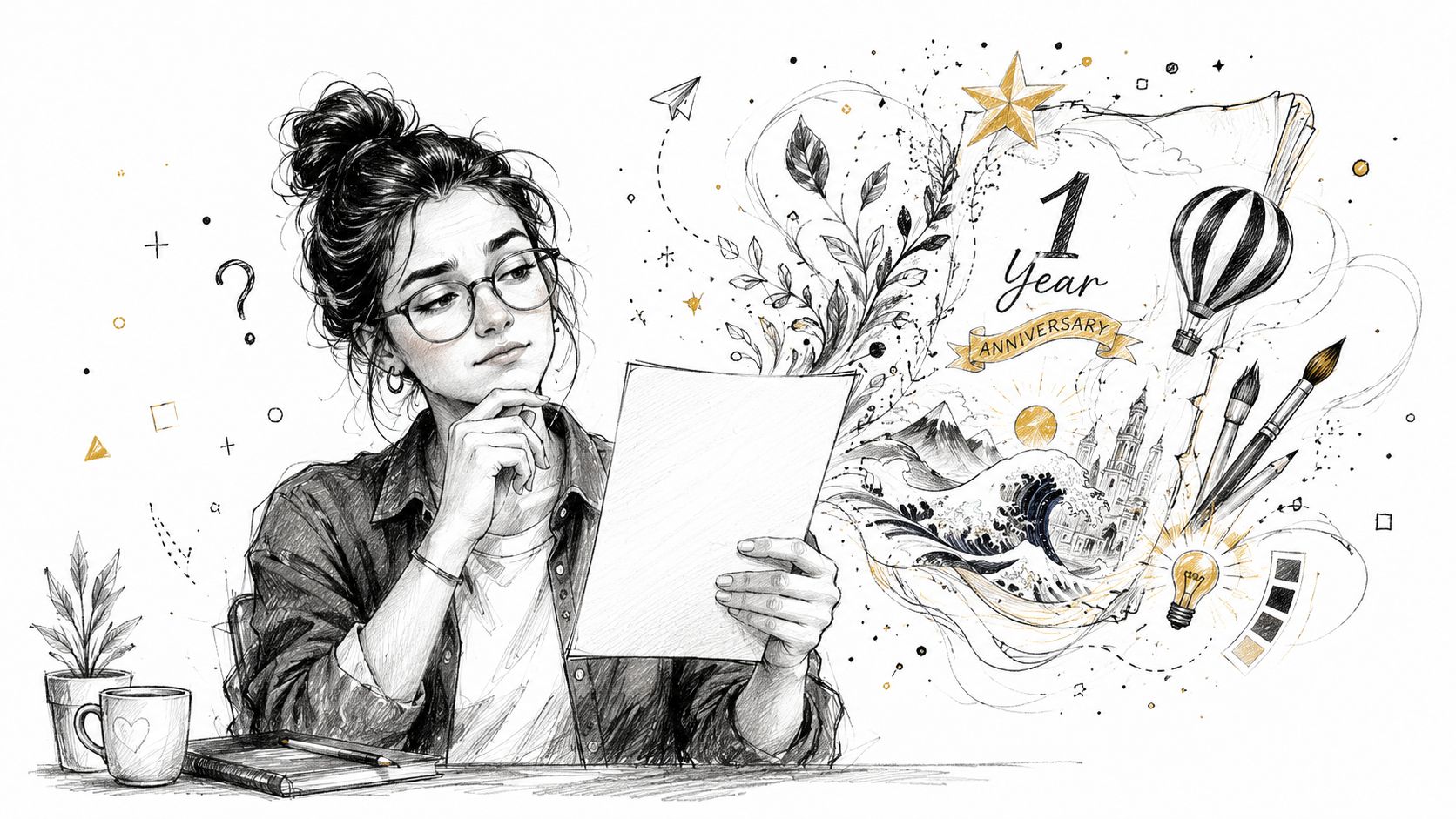A creative illustration of a woman looking thoughtfully at a blank paper with anniversary celebration sketches nearby.