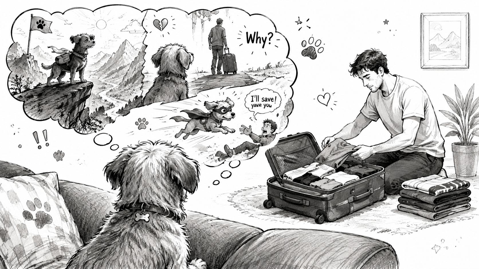 A black and white drawing shows a dog watching its owner pack, imagining heroic rescues and separation.