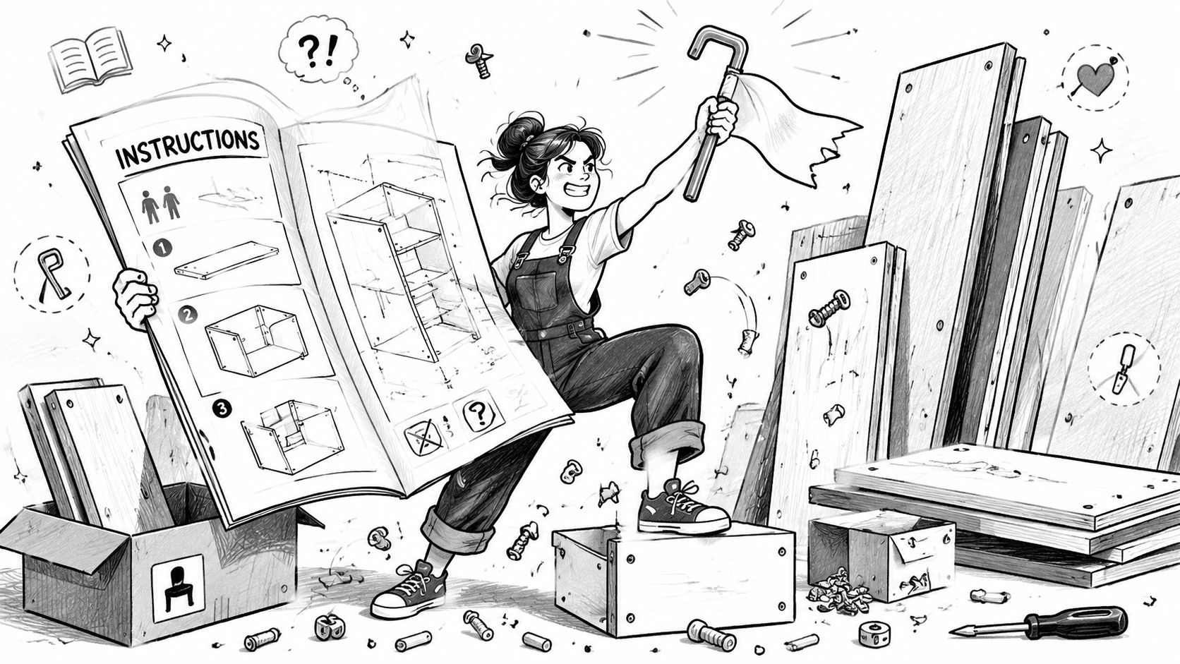 A determined woman stands amidst scattered furniture parts and instructions while holding a tool like a flag.
