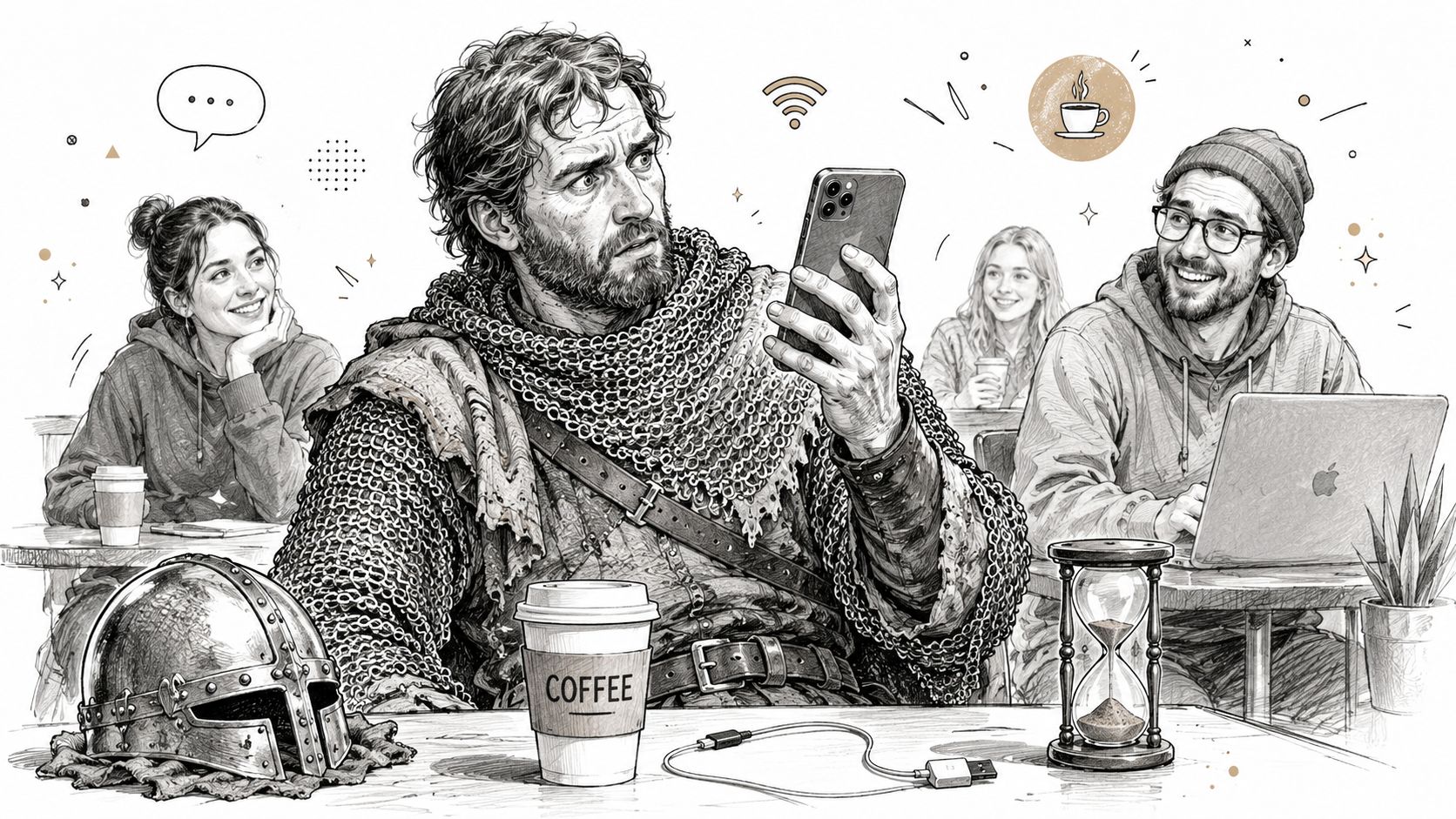 A medieval knight in chainmail armor sitting in a modern coffee shop using a smartphone.