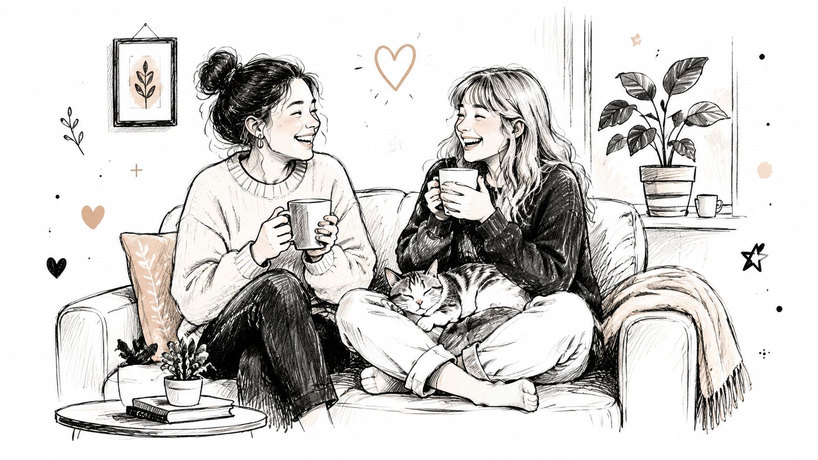 Two friends laughing and talking on a cozy couch while holding mugs with a sleeping cat nearby.