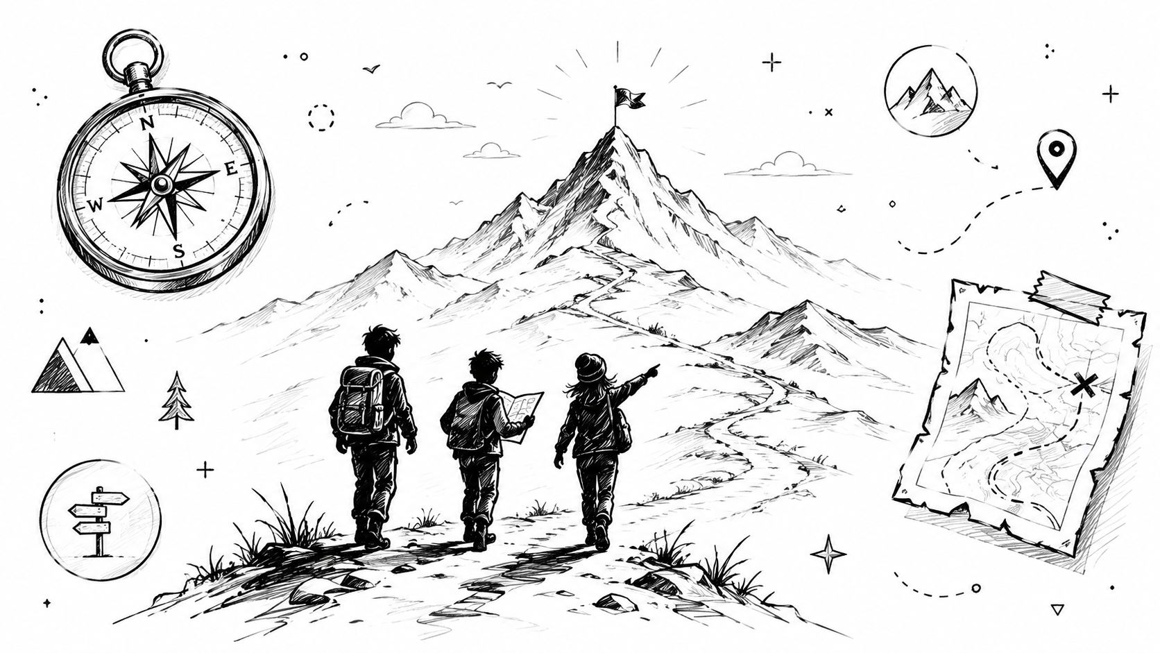 A black and white line art illustration of three hikers trekking towards a snowy mountain peak.