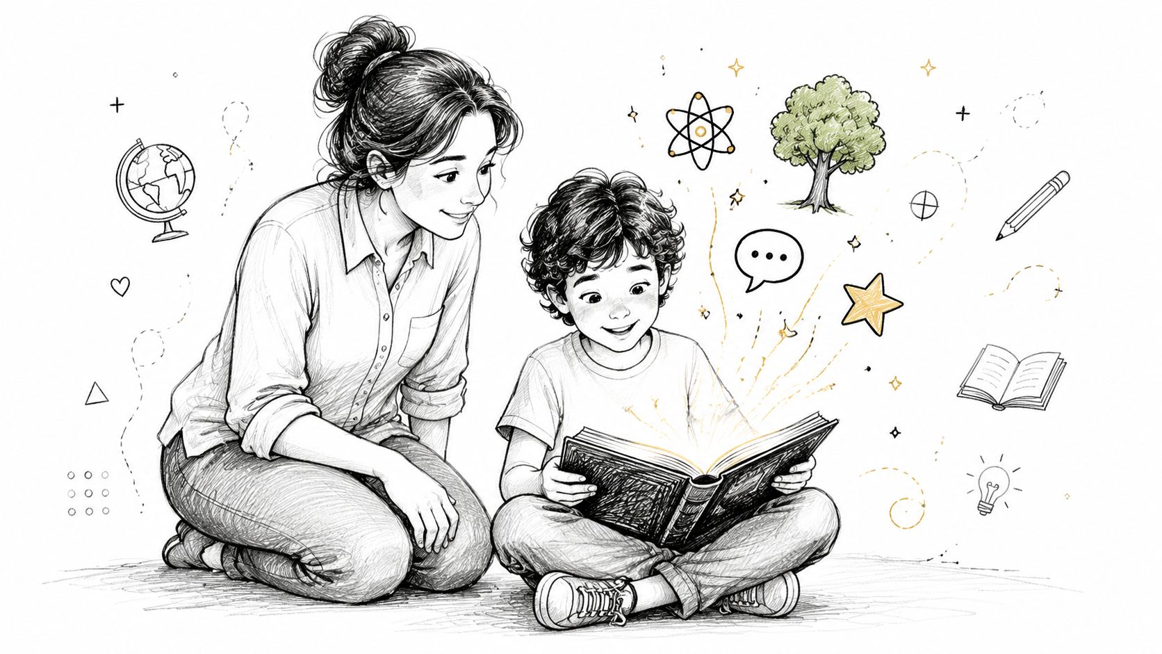 A mother and her young son sitting together while reading a magical glowing book of stories.