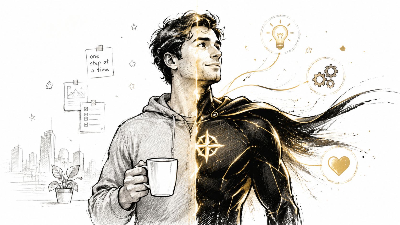 A split image showing a man with a coffee mug transforming into a superhero with symbolic icons.