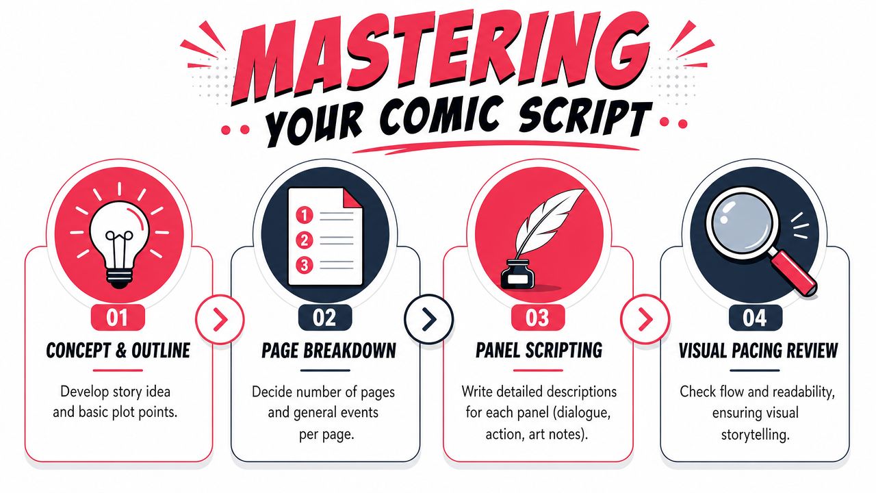 An infographic showing four essential steps to master writing a comic script from concept to review.