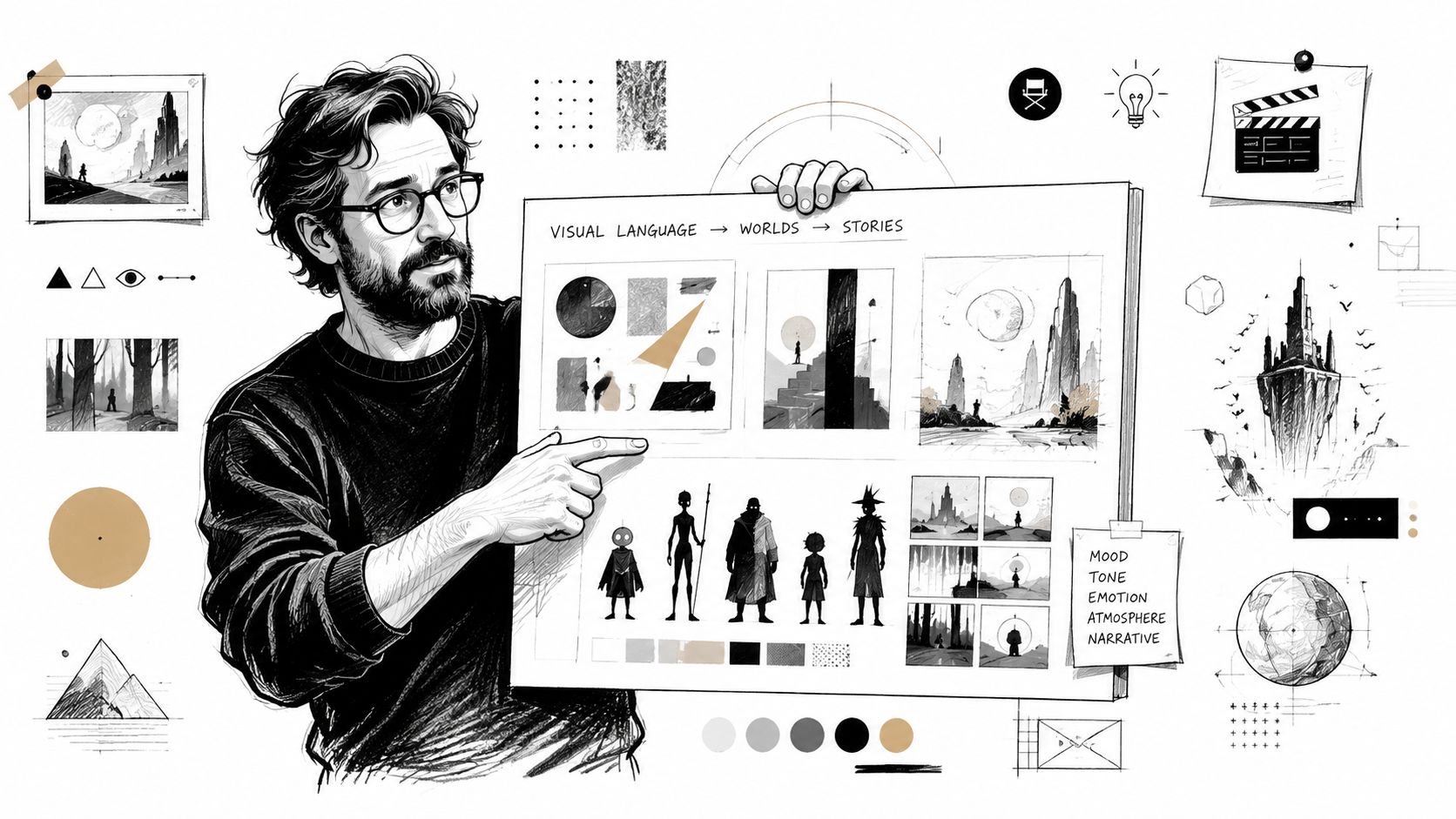 A creative director holding a sketchboard displaying character designs, world building concepts, and visual storytelling process illustrations.