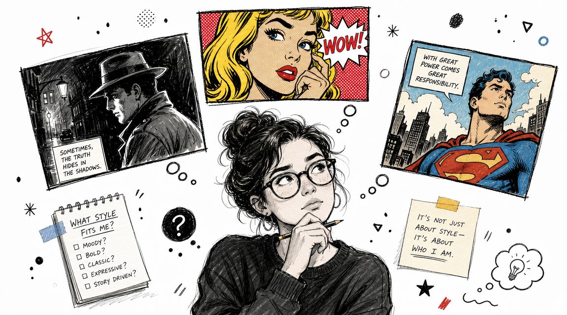 A woman sketching while contemplating different artistic styles represented by comic book panels and a checklist.