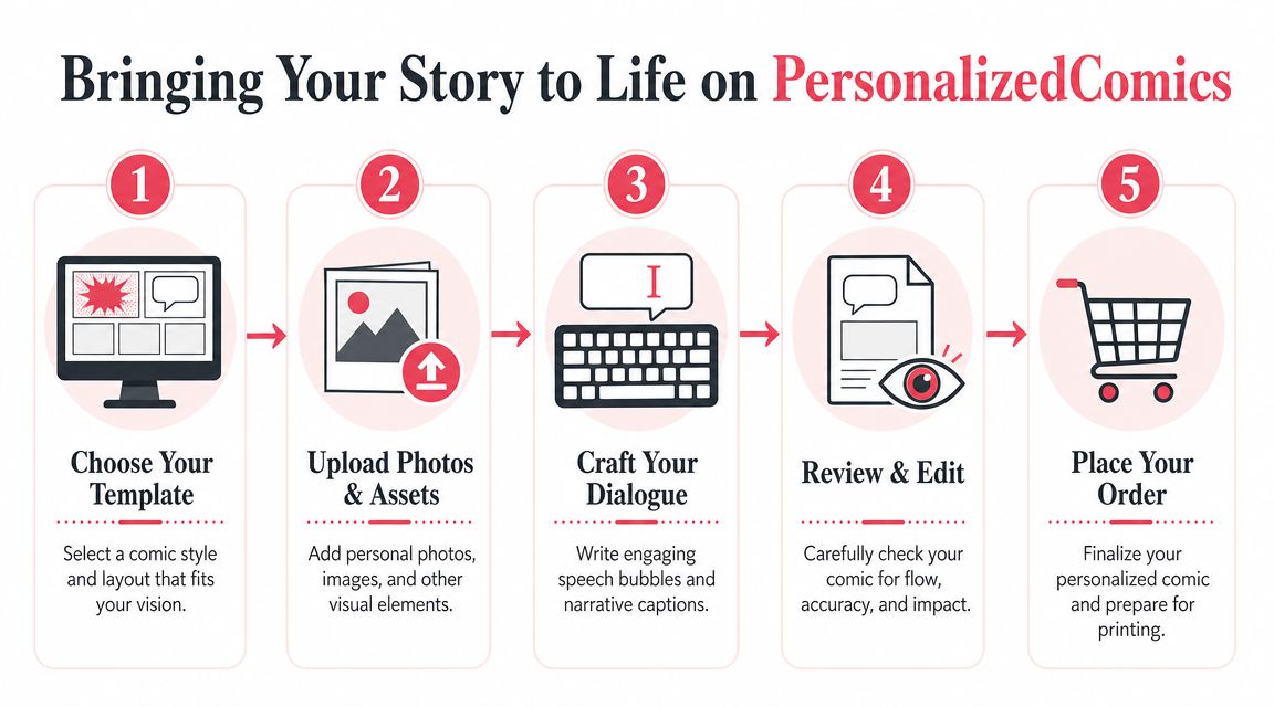 A five-step infographic showing how to create a personalized comic strip for custom gifts.