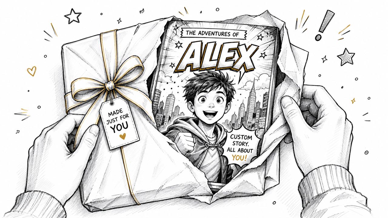 A hand-drawn illustration showing a personalized gift book titled The Adventures of Alex being opened.