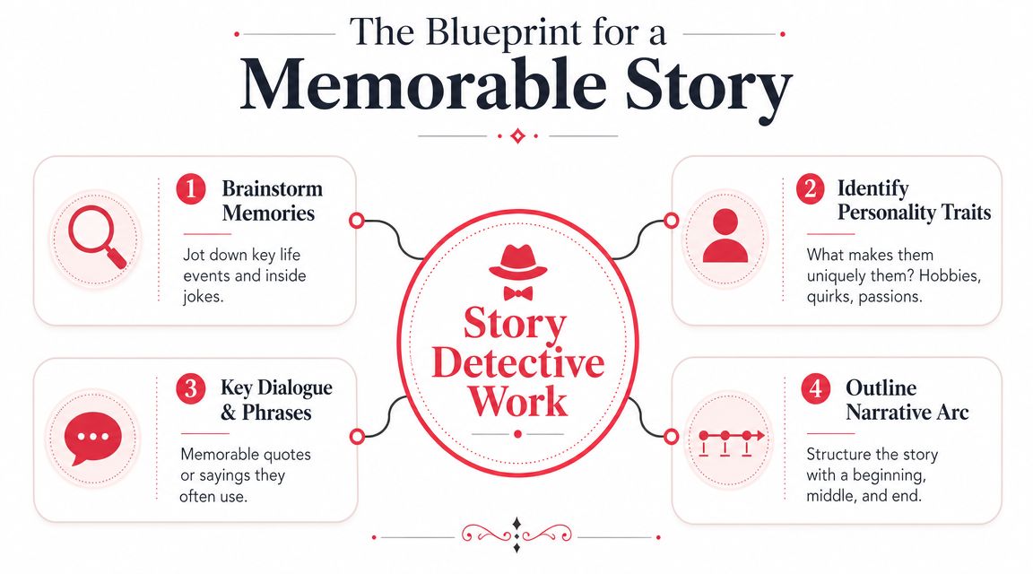 An infographic titled The Blueprint for a Memorable Story outlining four steps for storytelling and detective work.