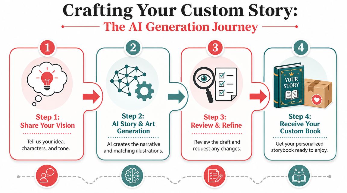 A four step infographic illustrating the AI process for creating a custom personalized story book.