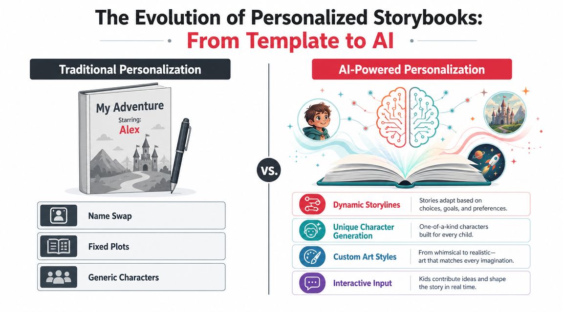 An infographic comparing traditional personalized storybooks using simple name swaps to AI-powered dynamic storytelling methods.