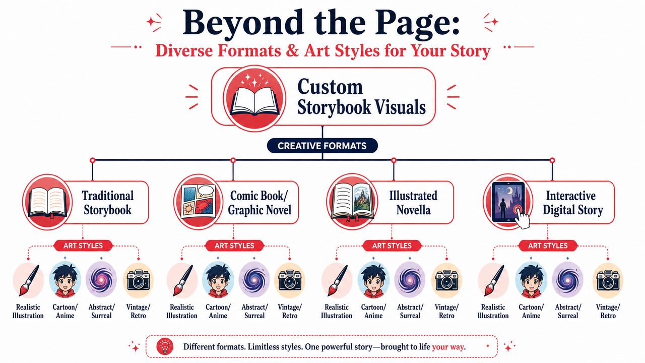 A diagram illustrating diverse creative formats and artistic styles for creating personalized custom storybooks and digital narratives.