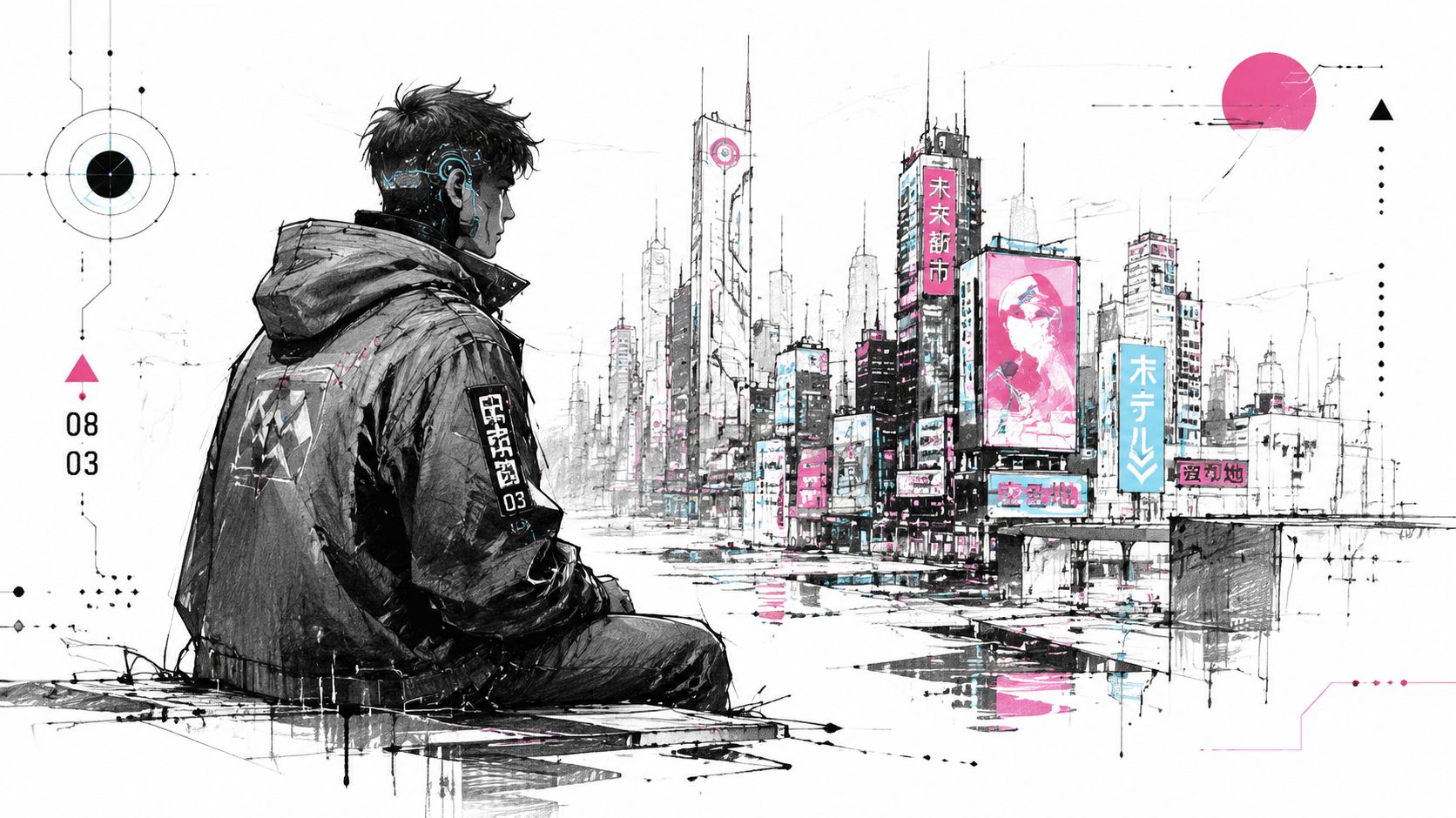 A lone futuristic character sits overlooking a sketch-style cyberpunk city with pink accents and neon signs.