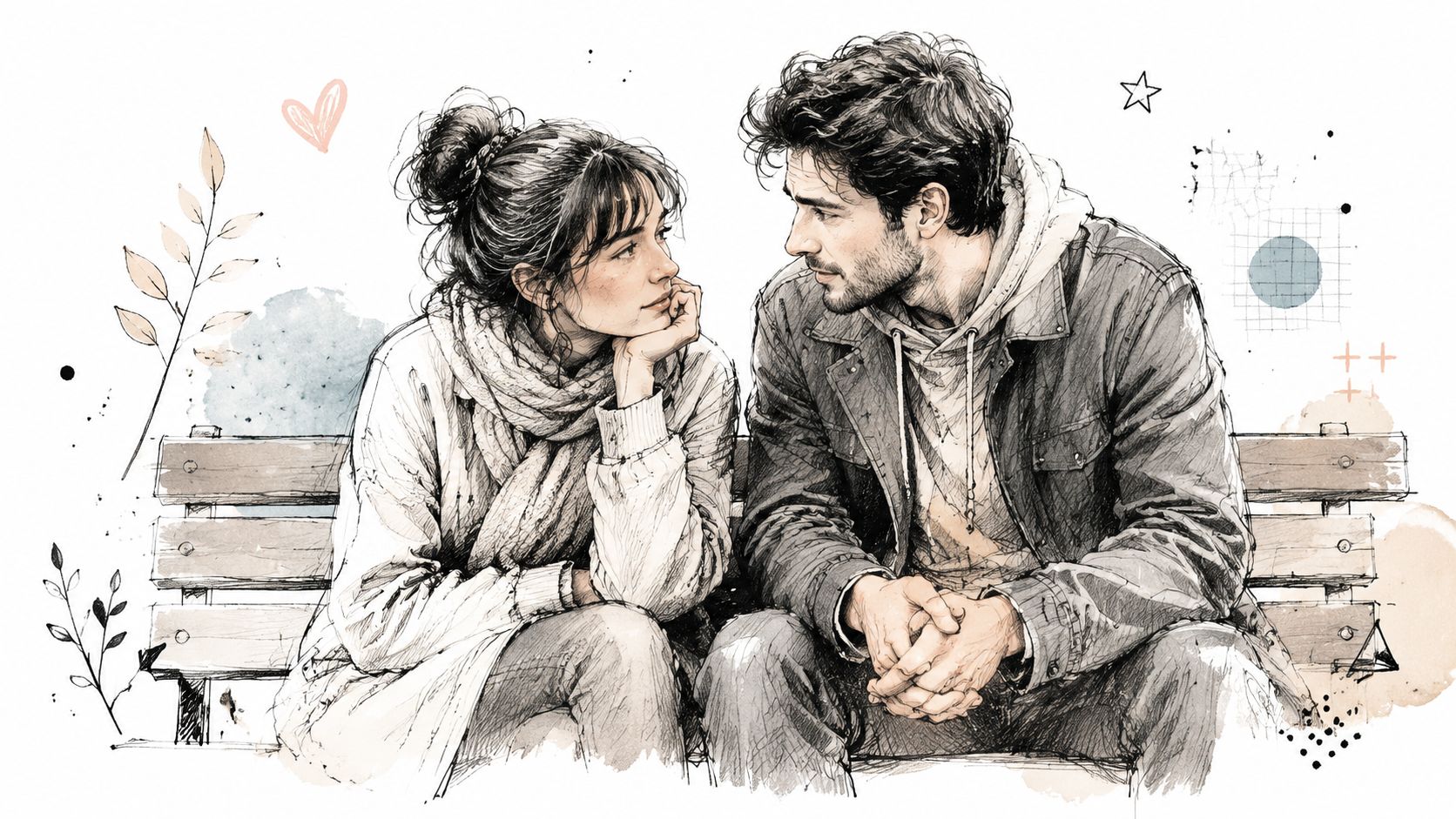 A romantic hand-drawn illustration of a young couple sitting on a bench looking at each other affectionately.