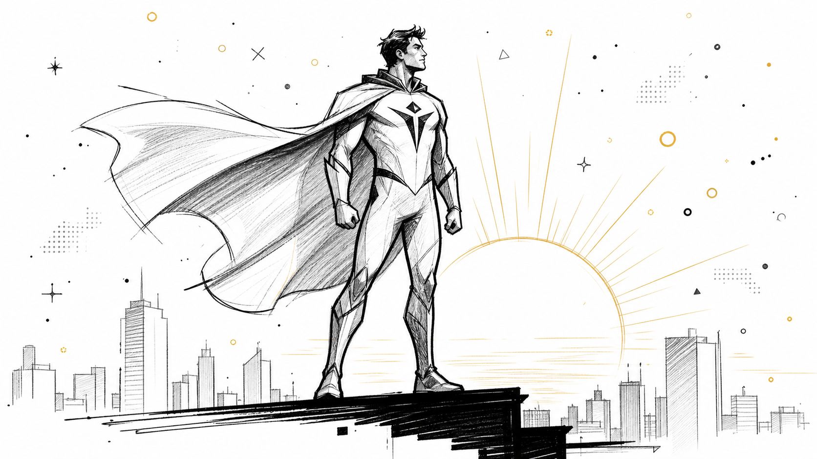 A heroic male superhero in a cape stands on a building rooftop overlooking a city skyline.
