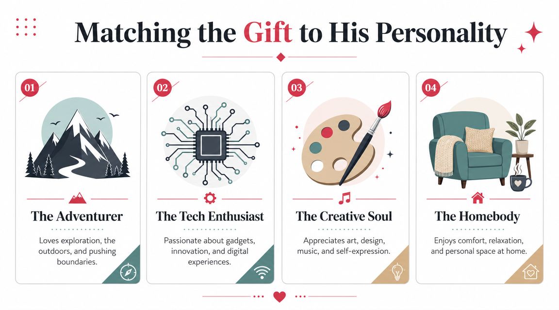 An infographic titled Matching the Gift to His Personality categorizing men into adventurer, tech enthusiast, creative, or homebody.
