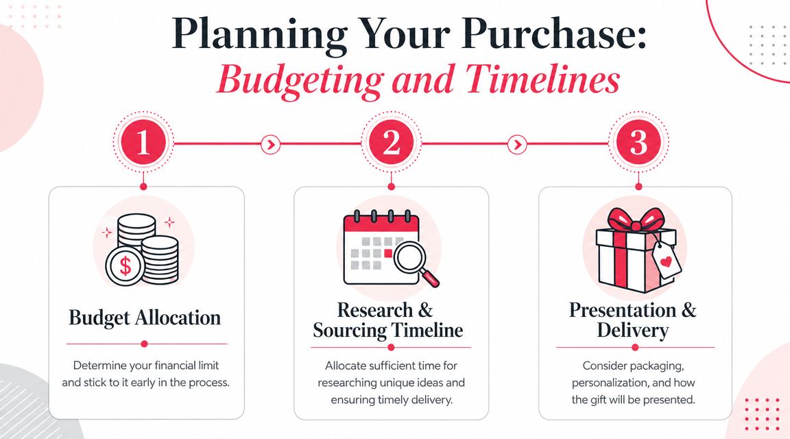 An infographic showing a three-step guide to planning a purchase, focusing on budgeting and timelines.