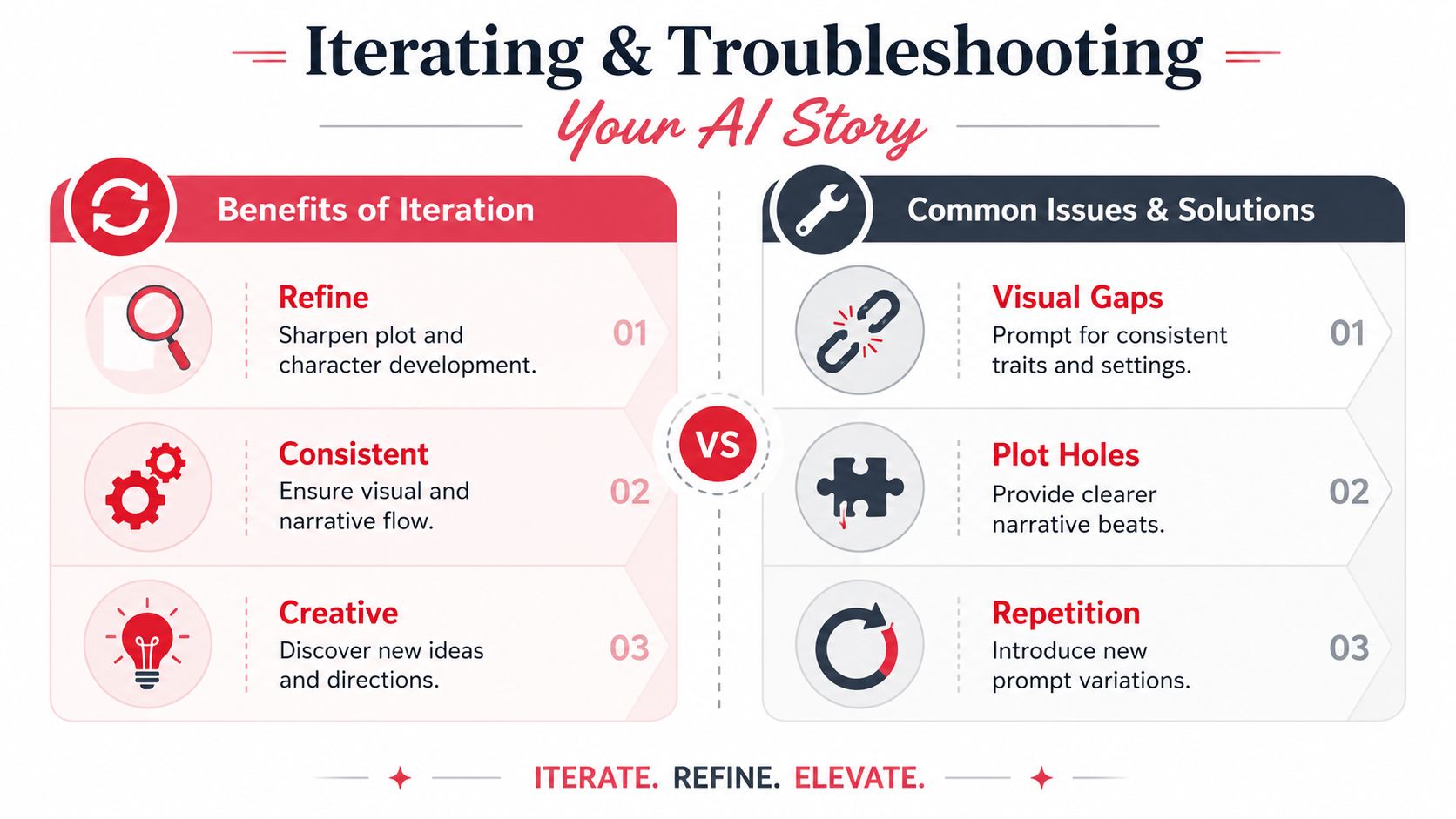 An infographic titled Iterating and Troubleshooting Your AI Story, displaying benefits of iteration versus common issues and solutions.