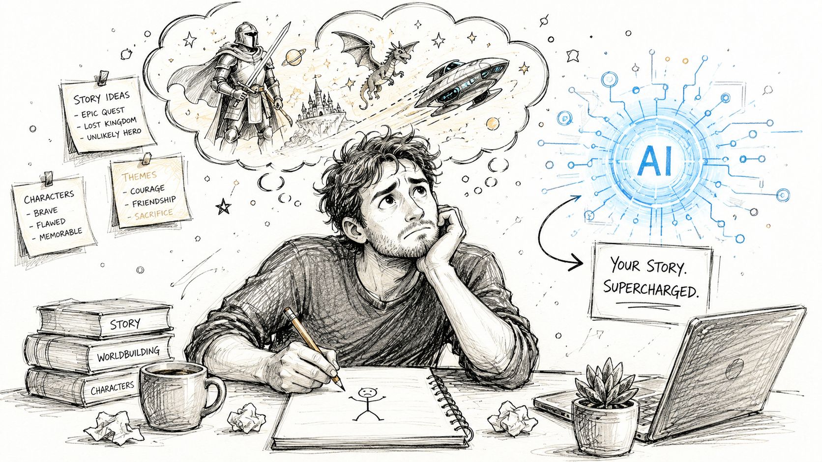 A contemplative writer sketching ideas while a glowing AI interface suggests creative story elements and worldbuilding themes.