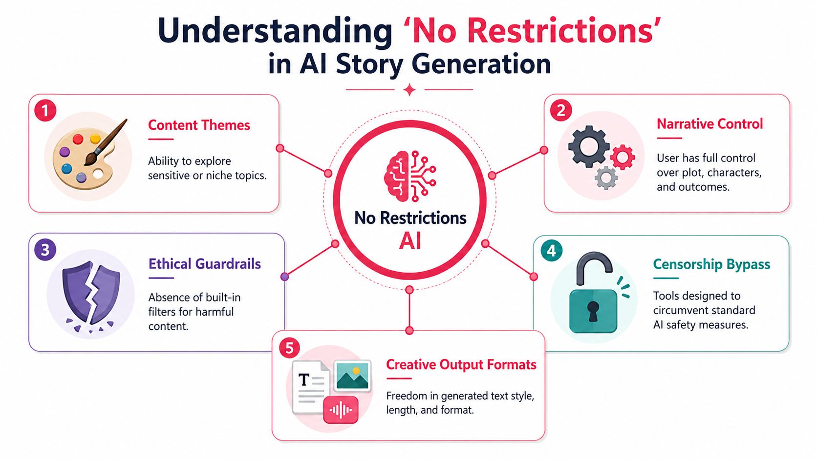 A diagram explaining the five key concepts of unrestricted AI story generation, including control and content freedom.
