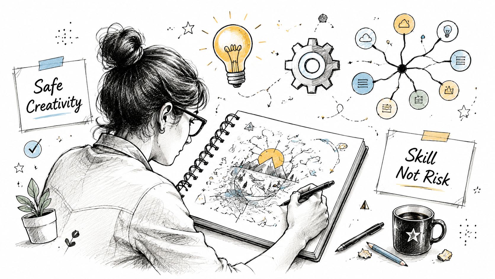 An artist drawing a nature scene in a sketchbook, surrounded by creative icons and business notes.