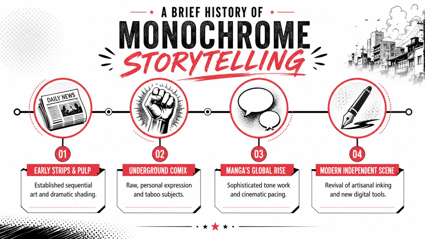 A timeline graphic showing the history of monochrome storytelling through comics, manga, and independent publishing styles.