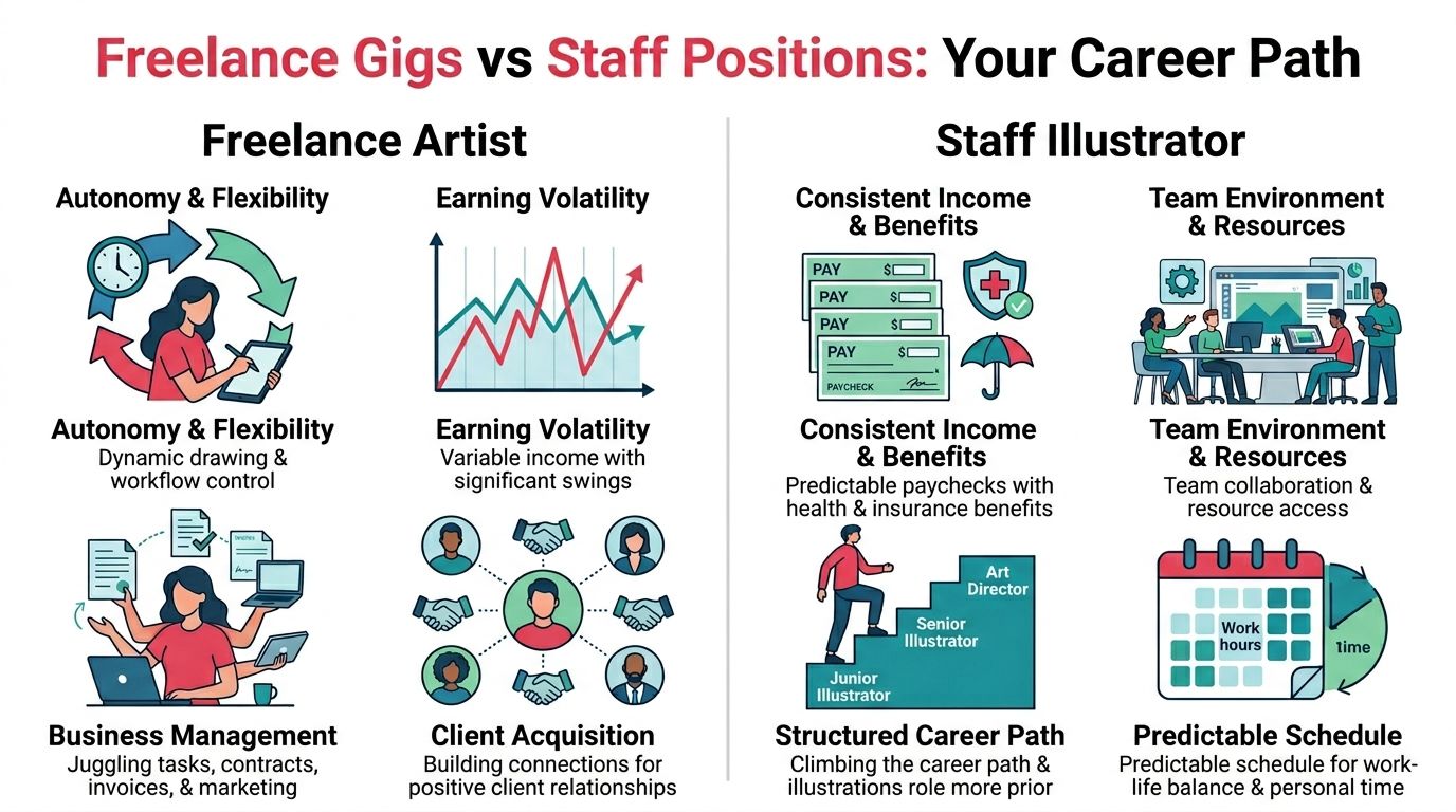 A comparison infographic detailing the pros and cons of working as a freelance artist versus a staff illustrator.