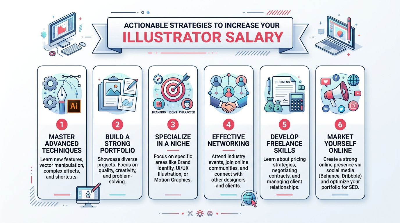 An infographic titled Actionable Strategies to Increase Your Illustrator Salary featuring six illustrated steps for professional growth.