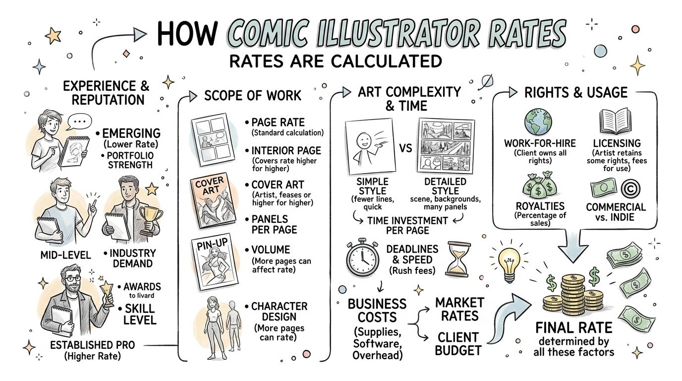 An infographic illustration explaining the various factors that influence how comic book illustrator rates are calculated.