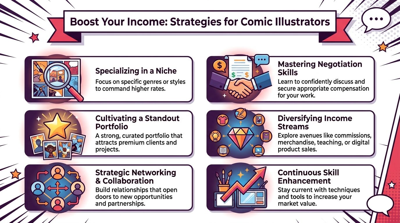 An infographic titled Boost Your Income outlining six professional strategies for comic book illustrators to increase earnings.