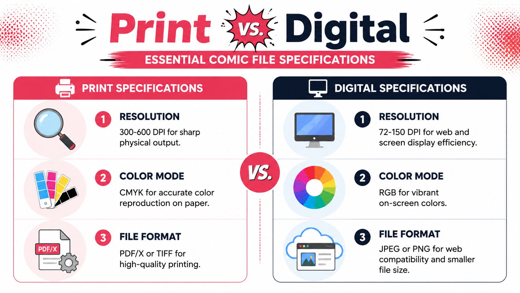 An infographic comparing print and digital file specifications for comics, detailing resolution, color mode, and file formats.
