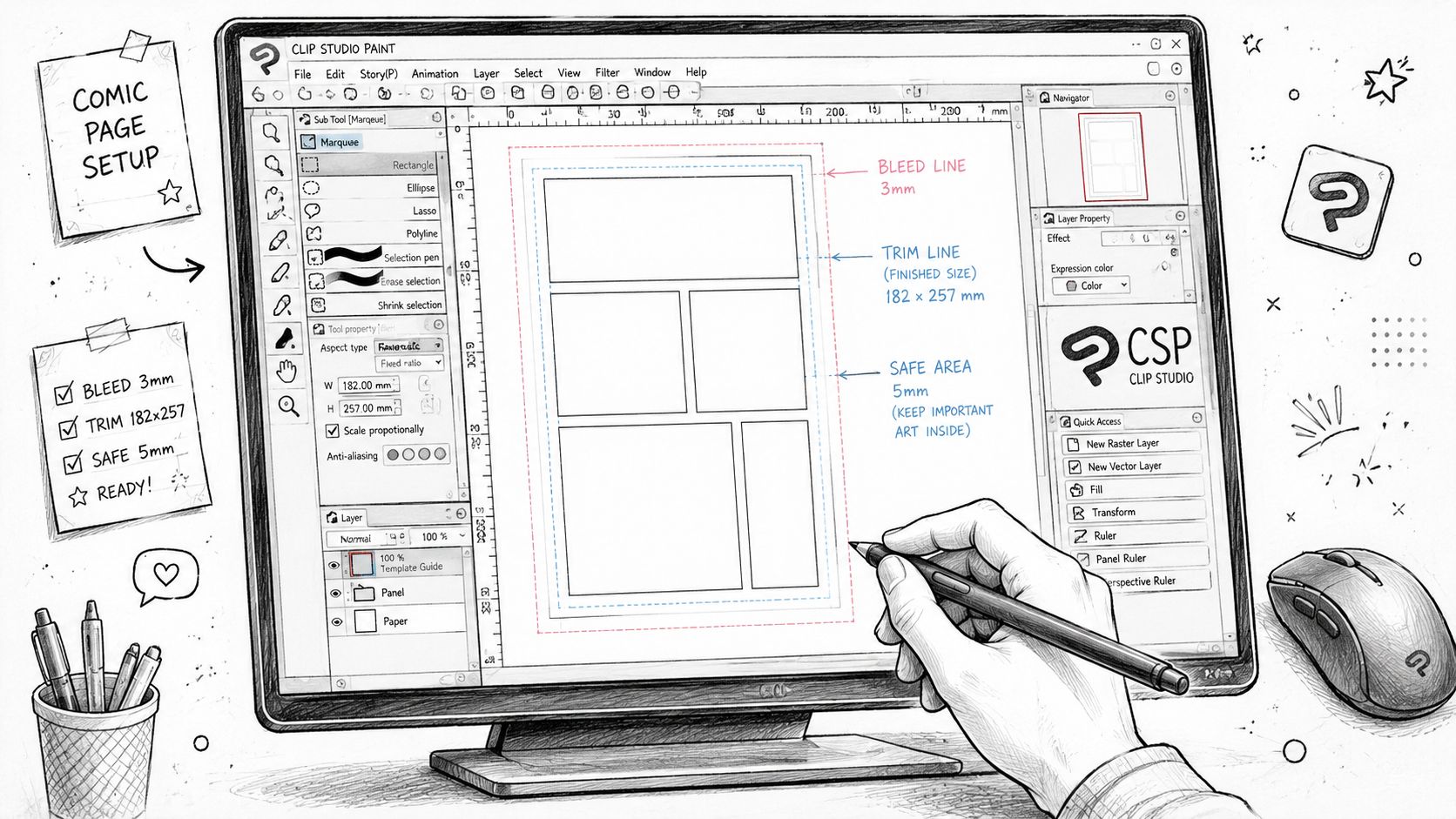 A digital illustration showing the comic page setup process in Clip Studio Paint software on a monitor.
