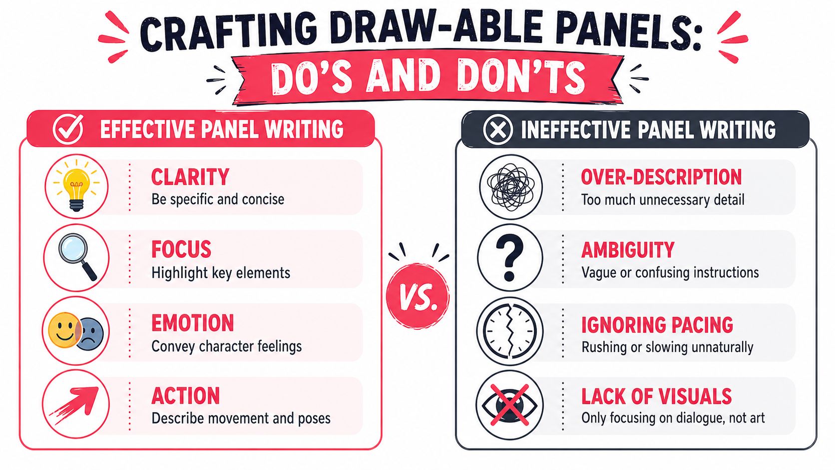 An infographic comparing effective and ineffective panel writing techniques for creating engaging comic book scripts.