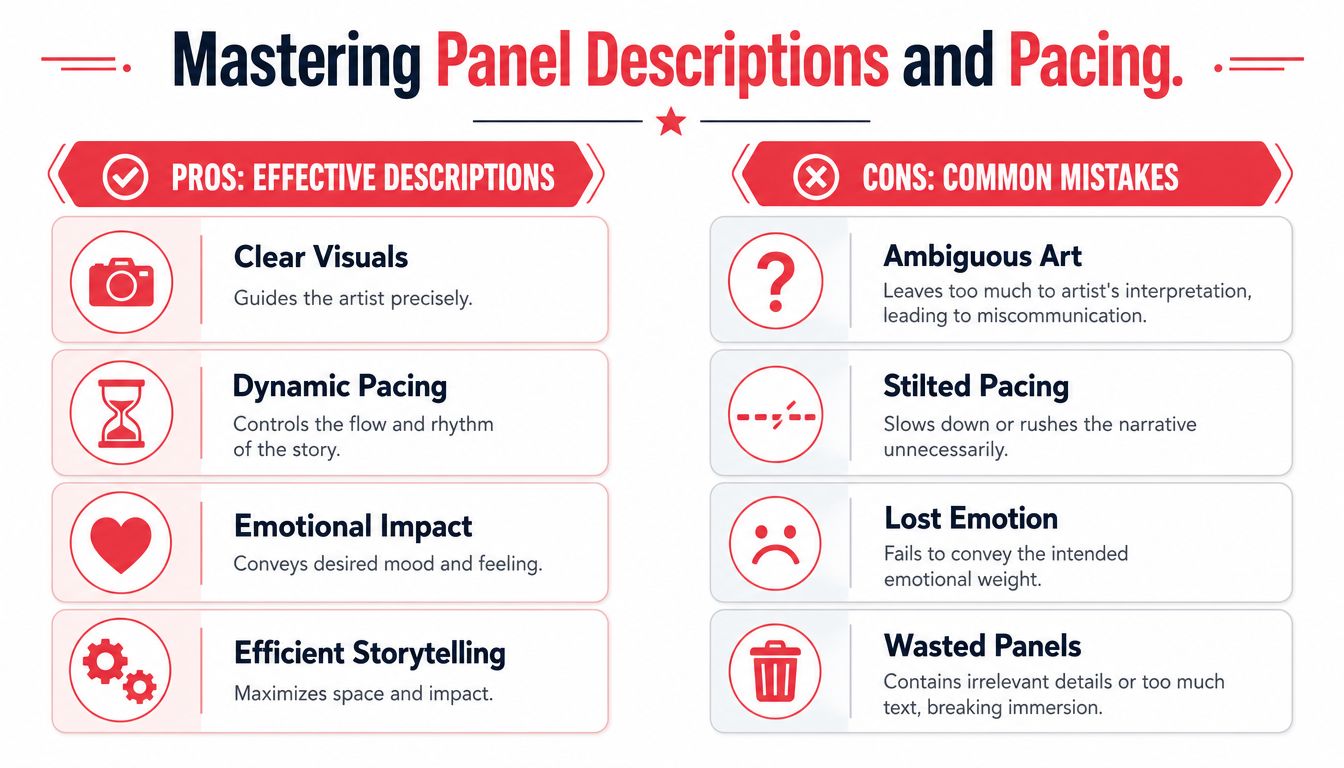 An infographic titled Mastering Panel Descriptions and Pacing, highlighting pros and cons for effective comic book scripting.