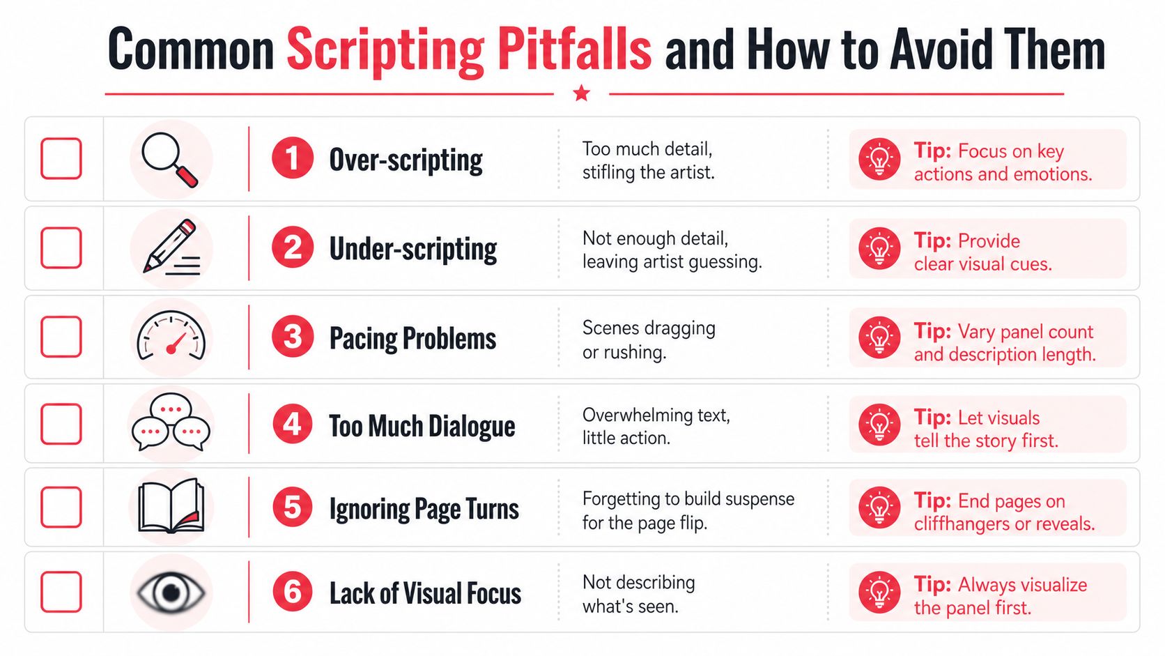 An infographic list outlining six common comic book scripting pitfalls and practical tips to avoid them.