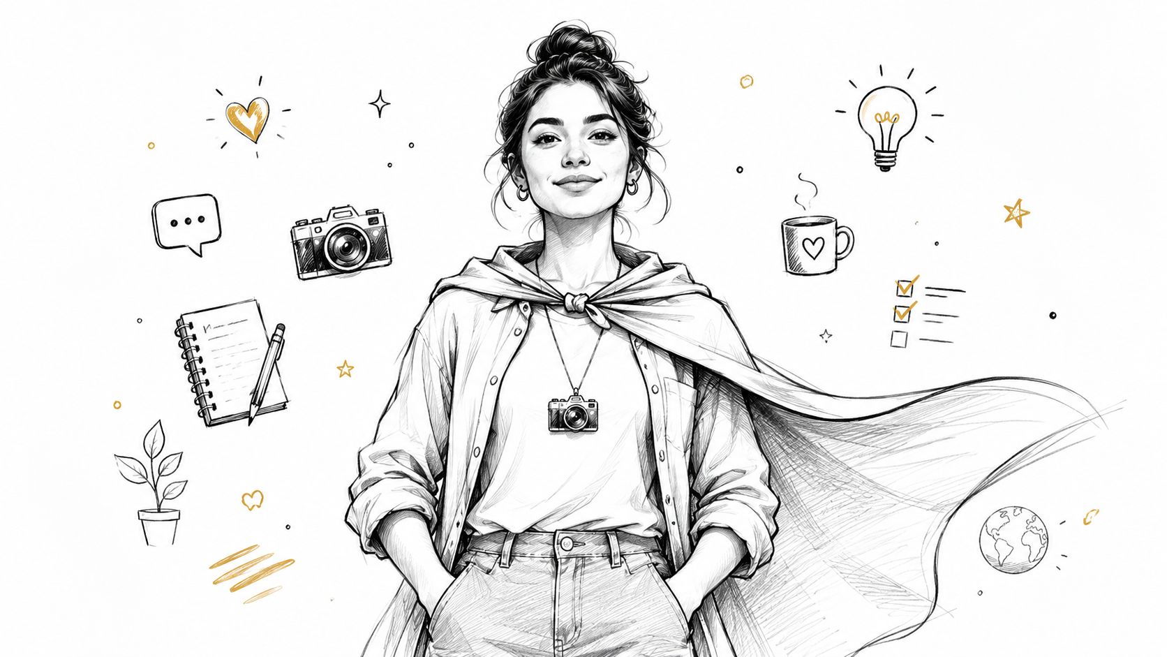 A creative woman wearing a cape with sketched icons like a camera, notebook, and lightbulb floating around.