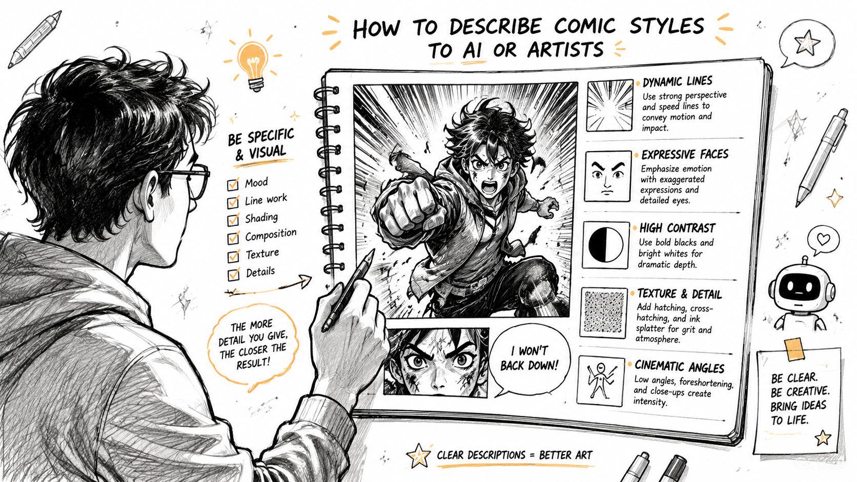 A detailed illustration showing an artist sketching a dynamic manga style comic scene with descriptive tips.