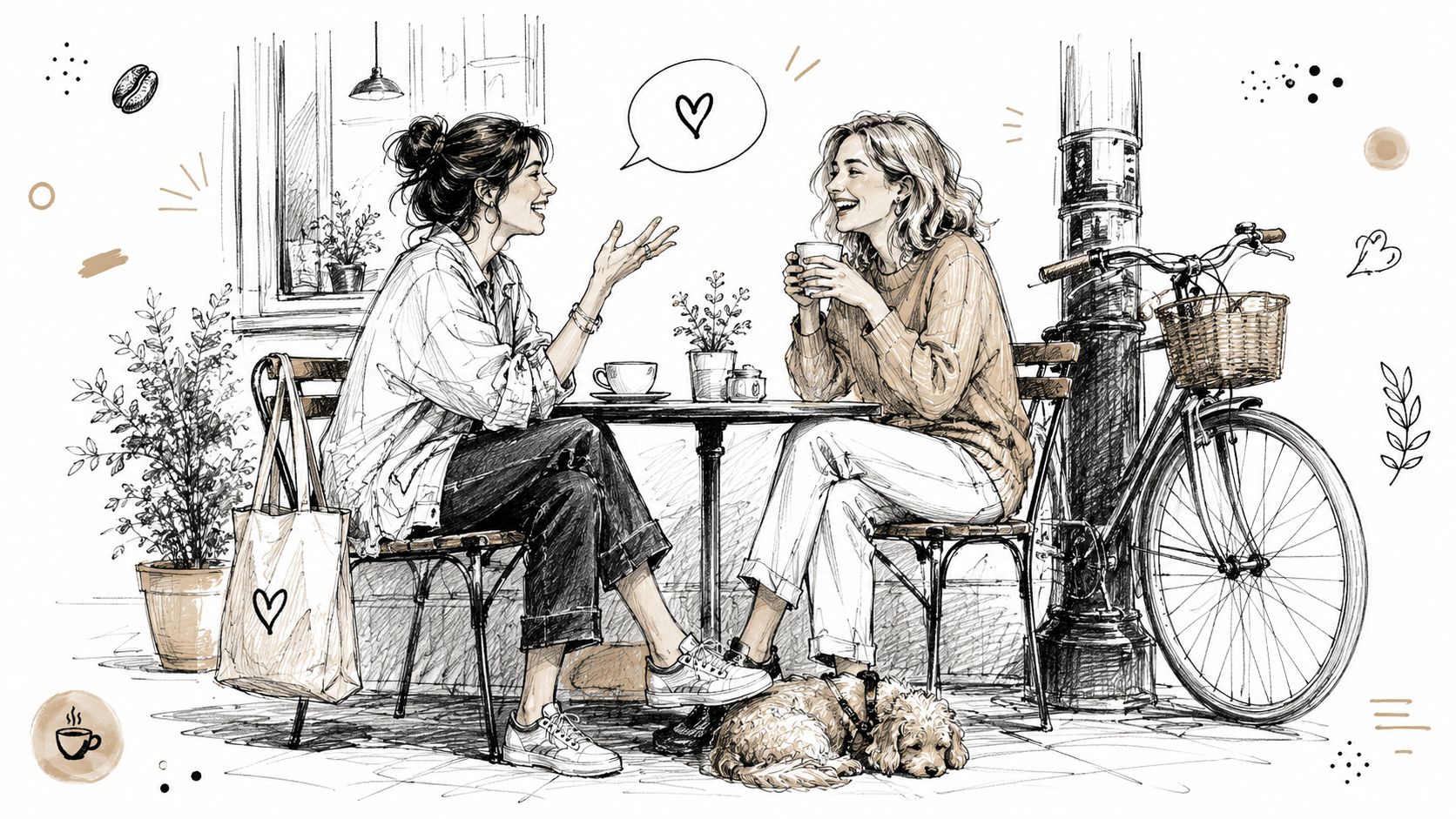 Two women sitting at an outdoor cafe table talking, with a dog resting on the ground nearby.