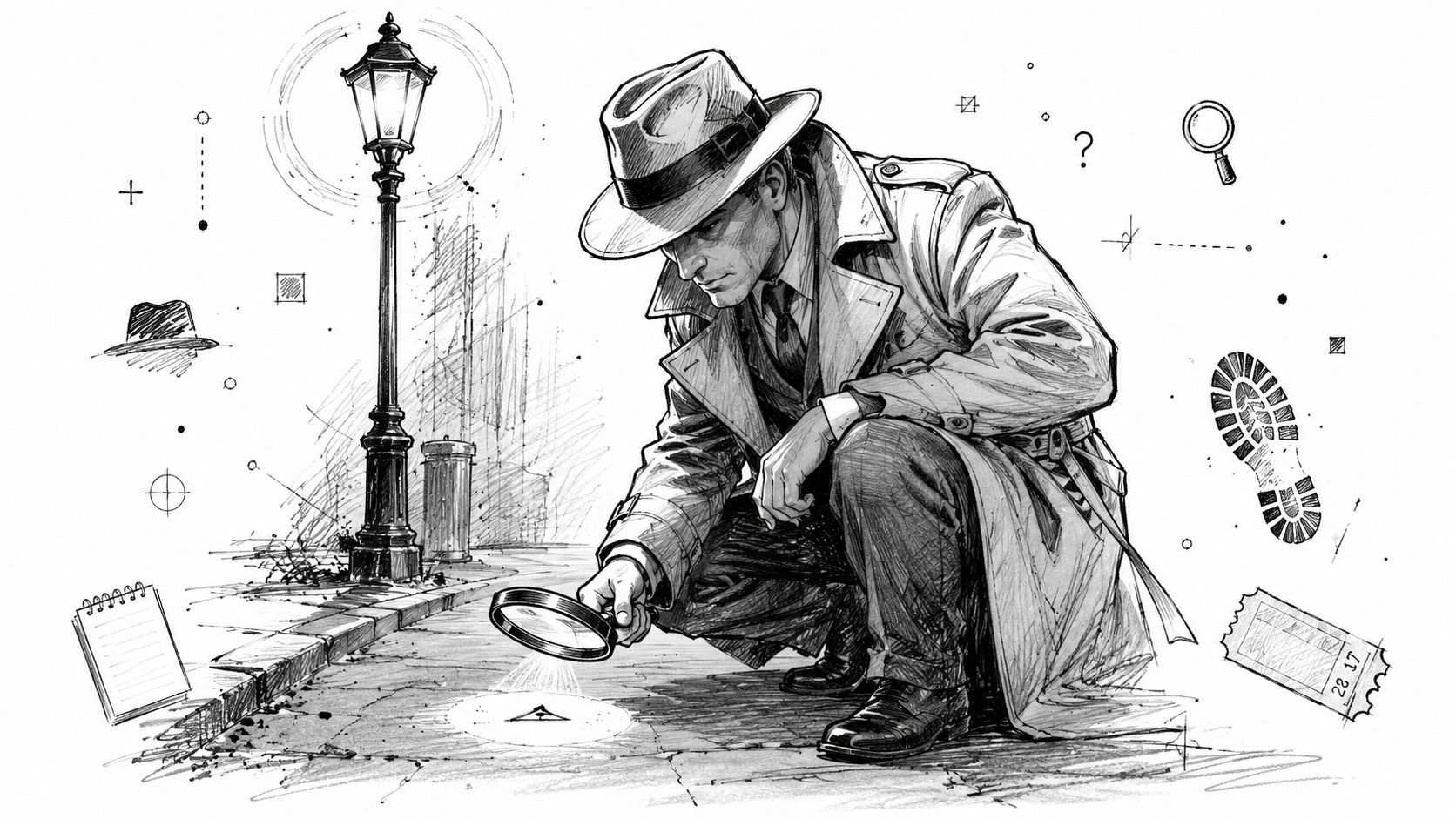 A black and white sketch of a detective in a trench coat examining a clue with a magnifying glass.