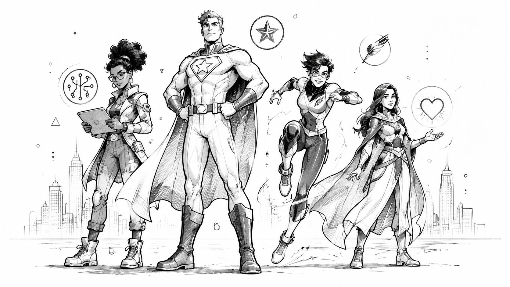 A black and white line art illustration featuring four diverse superheroes standing together against a city skyline.