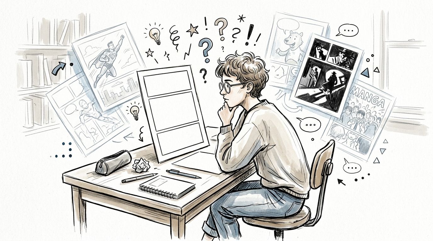 A young artist sitting at a desk, thoughtfully considering different comic strip styles and drawing inspiration.
