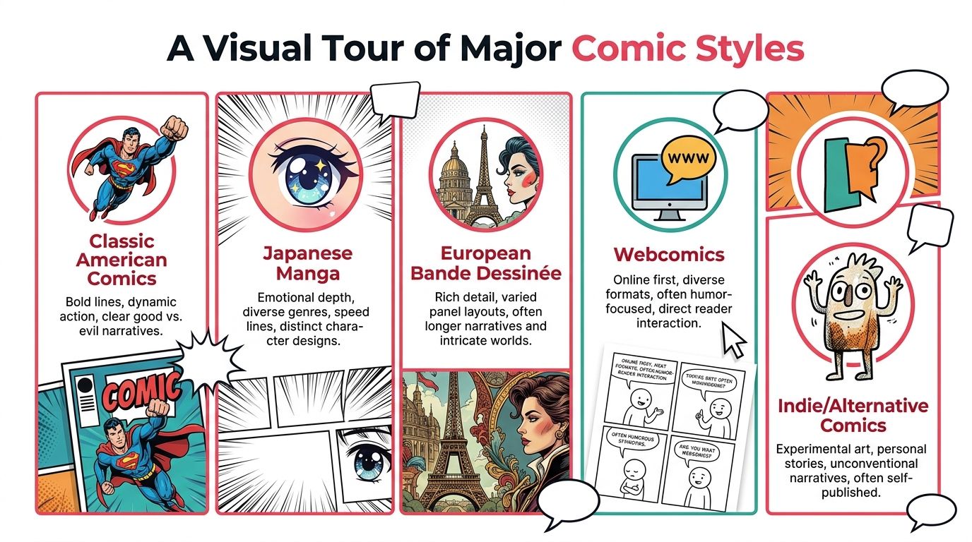 An infographic titled A Visual Tour of Major Comic Styles featuring descriptions of five popular comic book genres.