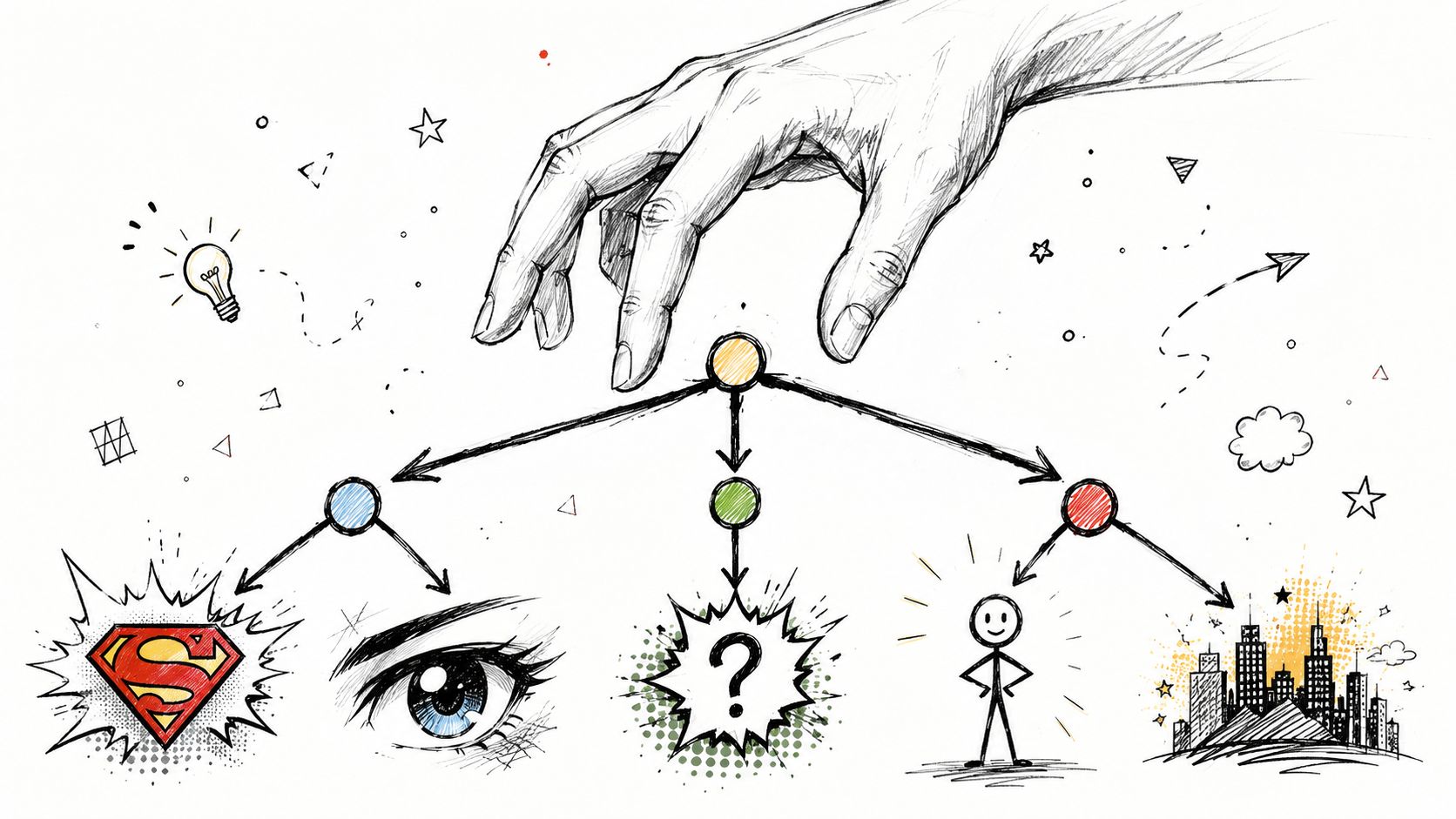 A hand hovering over an organizational flowchart leading to Superman, an eye, a question mark, and cities.