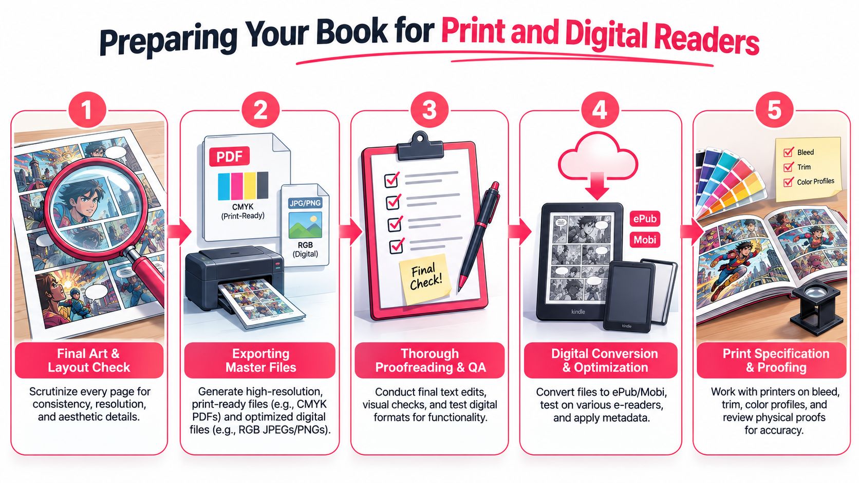 A five-step infographic showing the process of preparing a graphic novel for print and digital publication.
