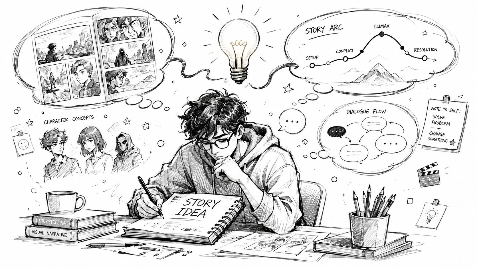 A young artist sketching in a notebook, visualizing characters, a story arc, and dialogue for a graphic novel.