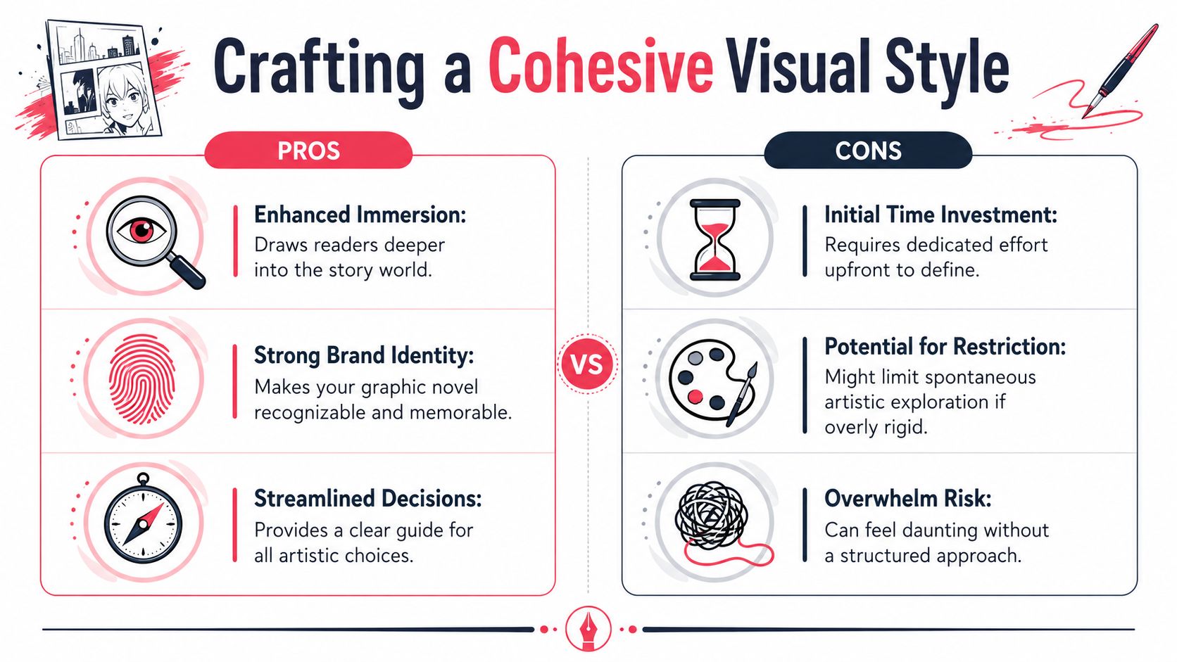 A comparison infographic titled Crafting a Cohesive Visual Style, highlighting the pros and cons of artistic consistency.