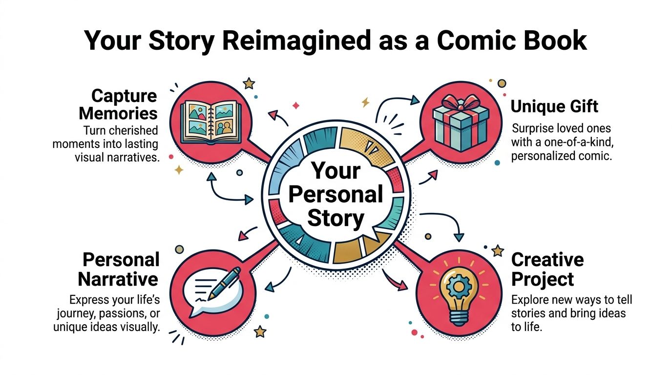 An infographic titled Your Story Reimagined as a Comic Book, showing four benefits of personalized comic art.