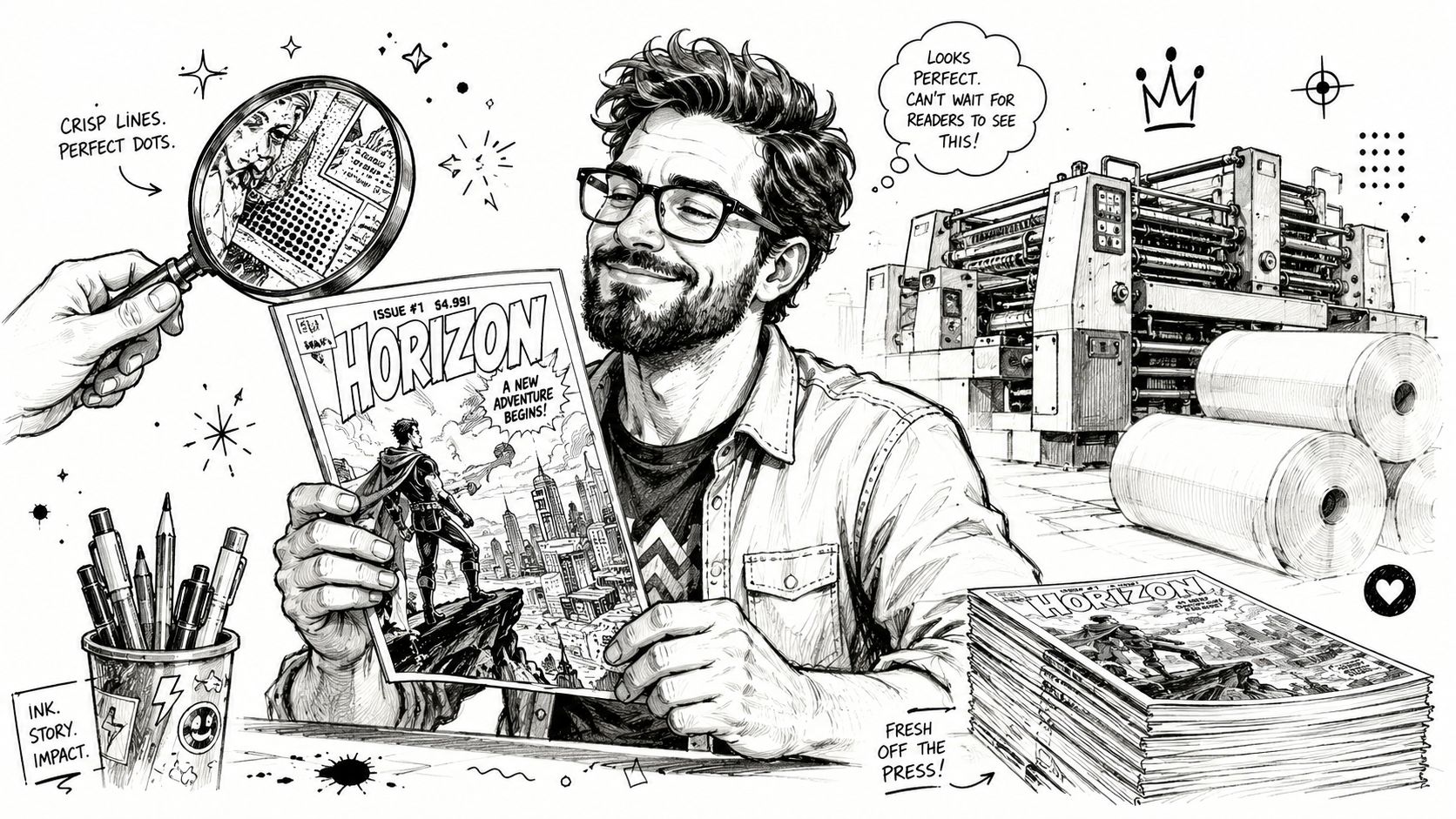 A black and white ink sketch of an illustrator holding a printed copy of his comic book.
