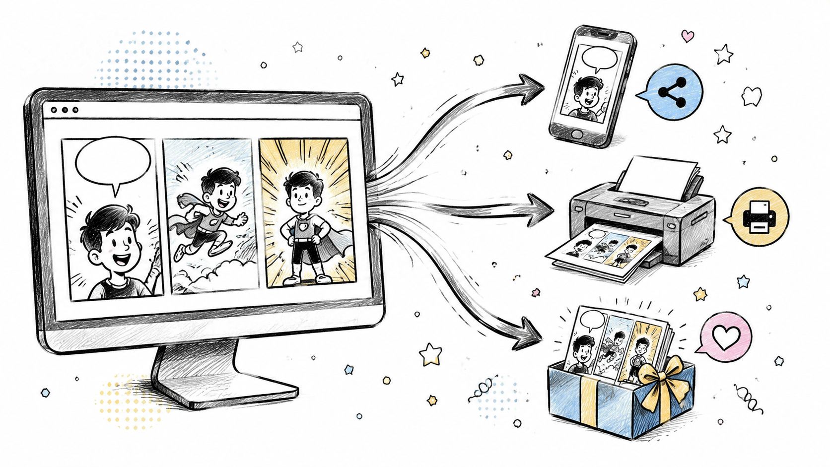 A digital screen showing a comic strip being shared to a smartphone, printer, and gift box.